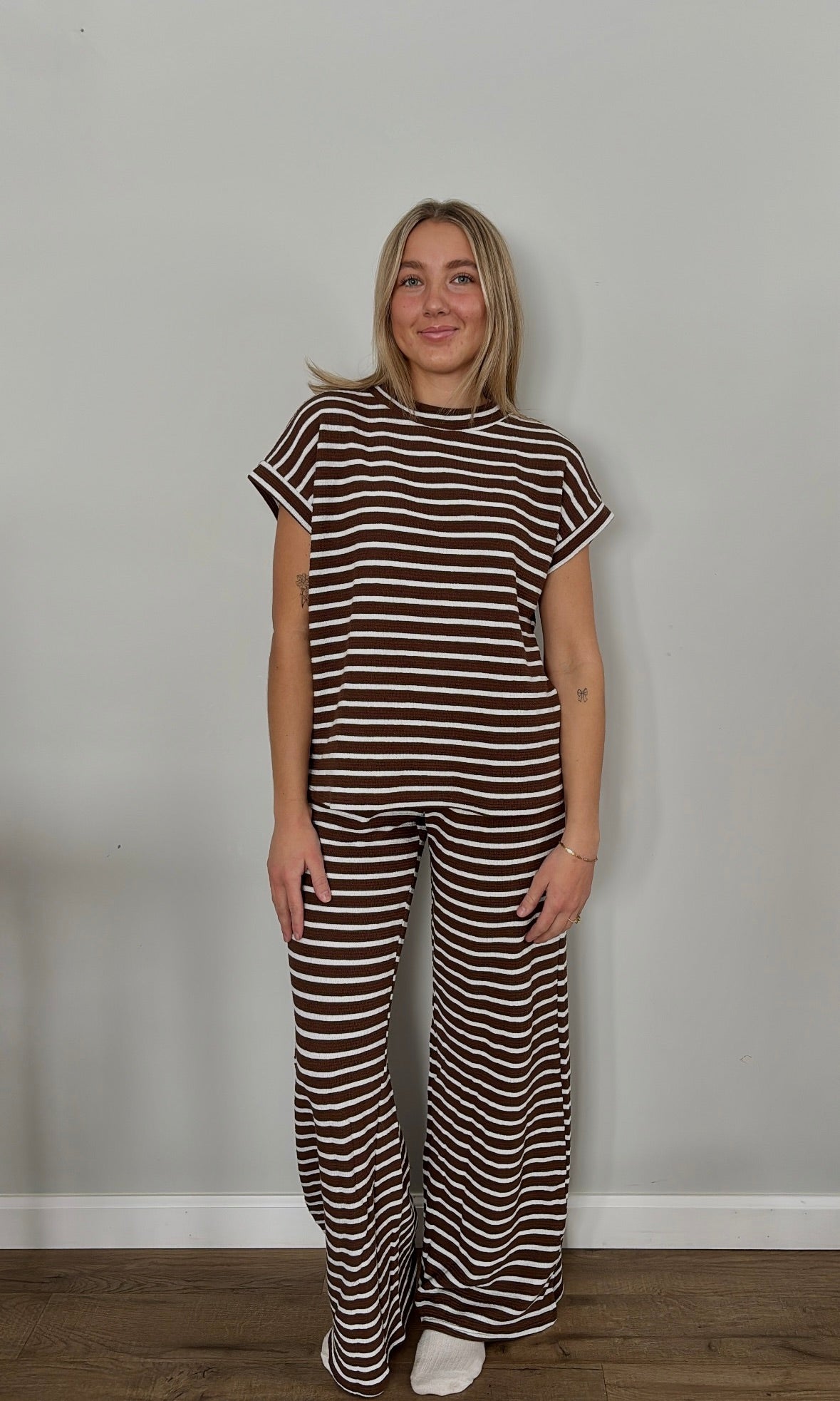 brown + white wide leg pants