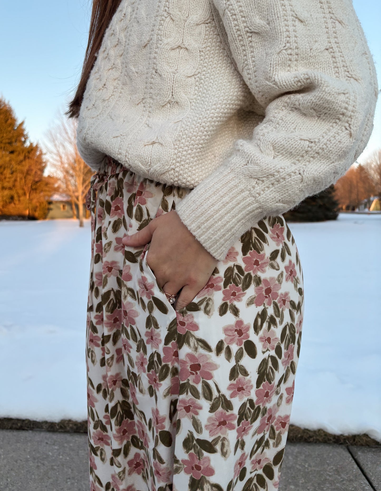 floral ruffle hem midi skirt