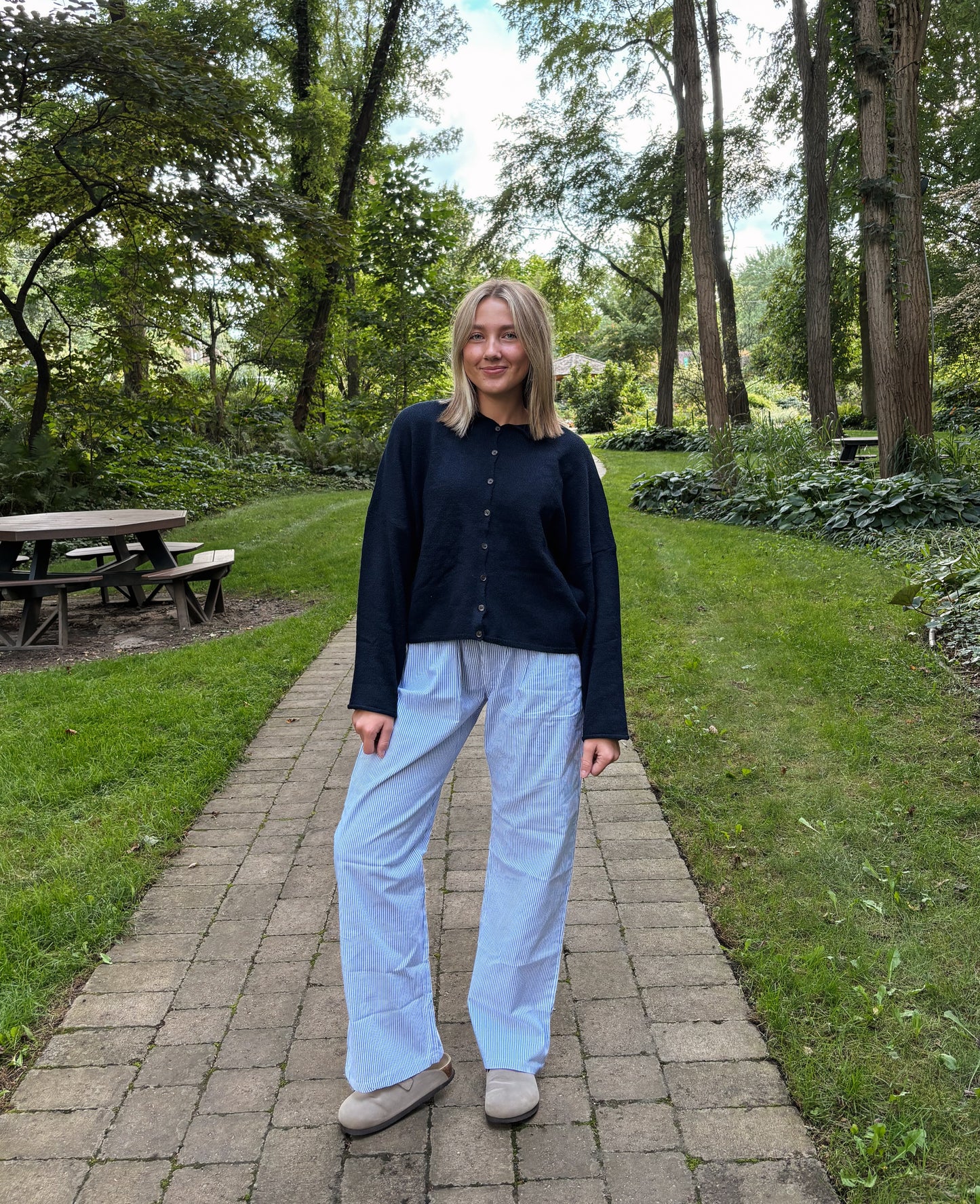 blue striped pants
