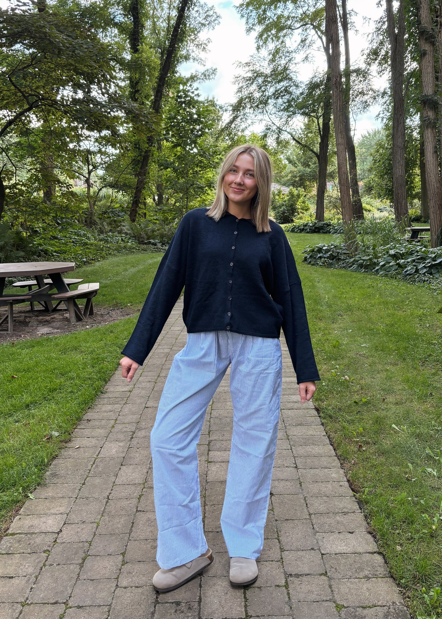 navy knit cardigan