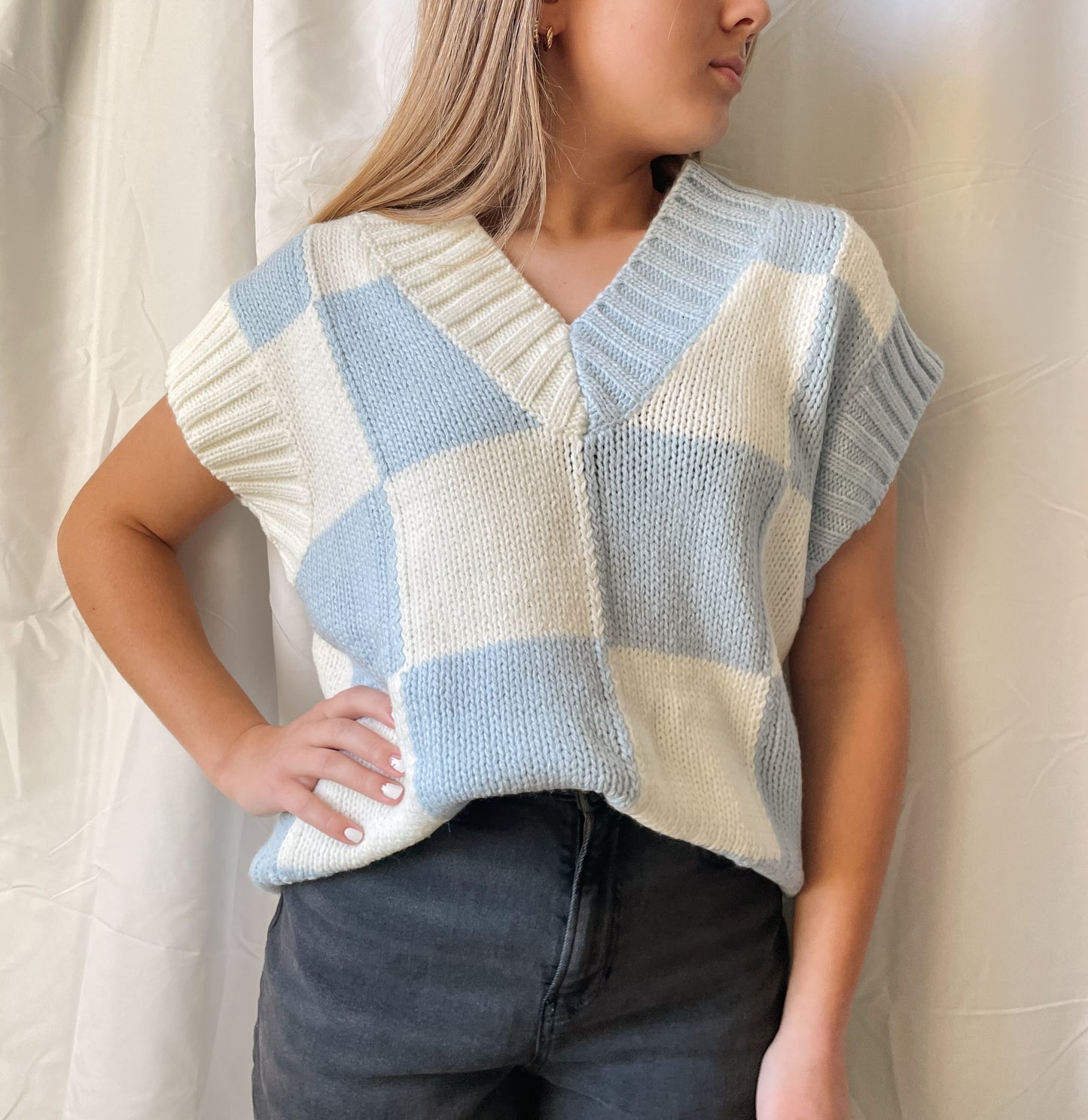 blue checkered sweater vest