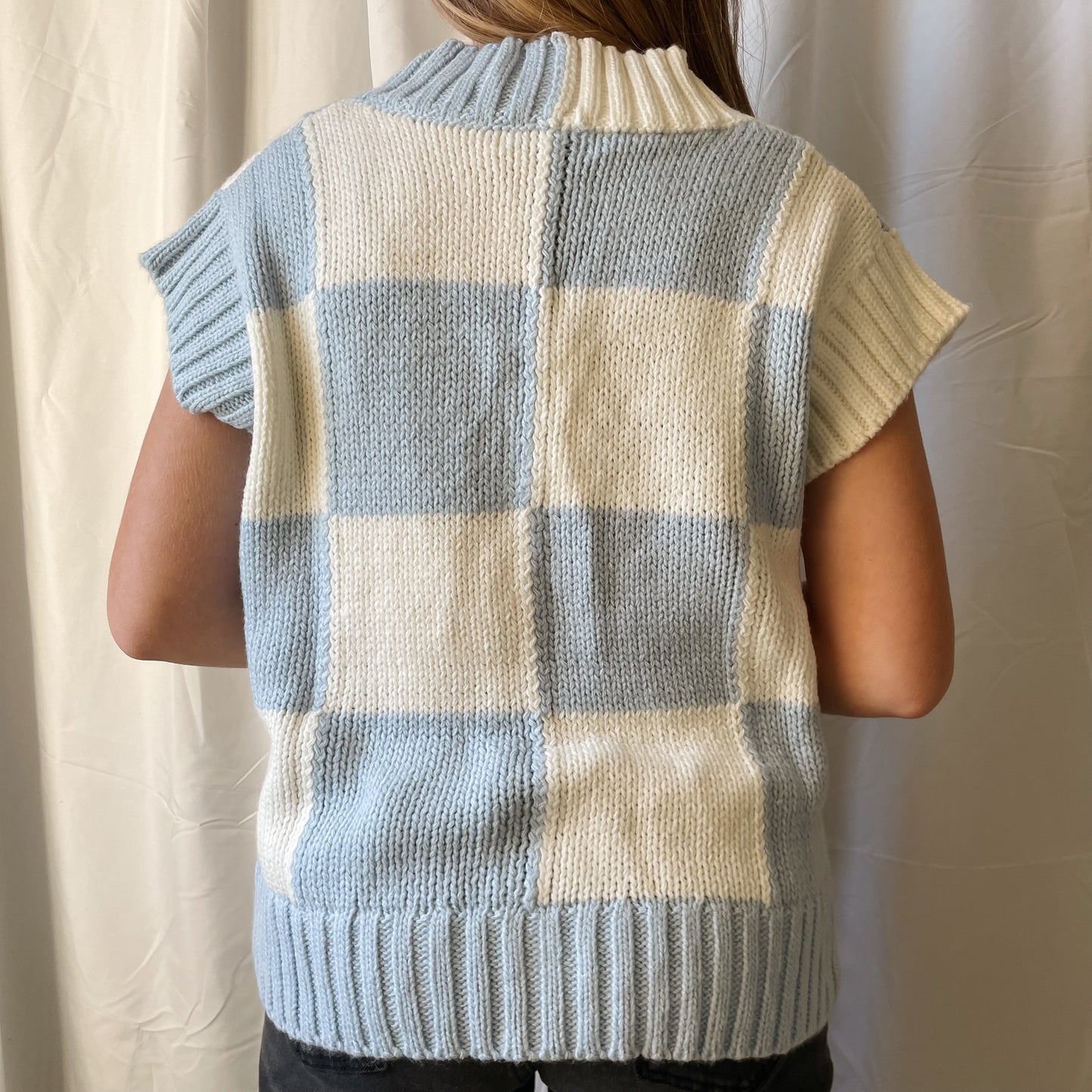 blue checkered sweater vest